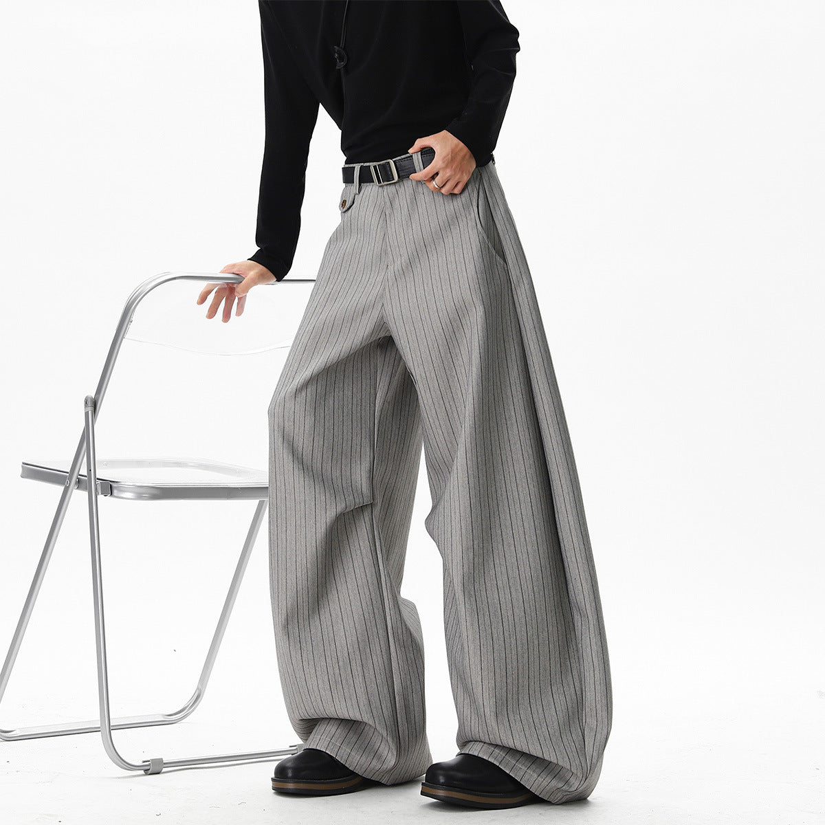 Relaxed-fit Casual Autumn Winter Retro Pleated Wide-leg Dress Pants