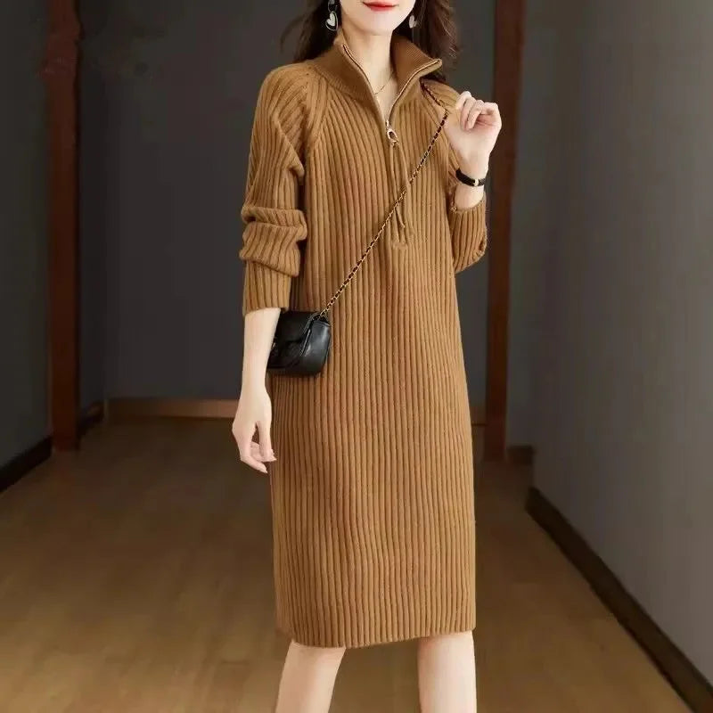 2024 Autumn/Winter New Large Knitted Dress Medium length Half Zipper Solid color Loose Casual Long Sleeve Dress Women's Trendy