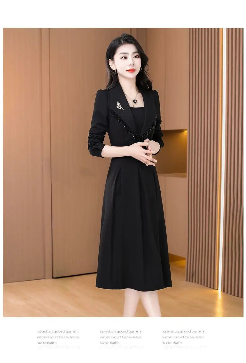 2024 New Temperament Ladies Solid Color Midi Dress Casual Women's Clothing Long Sleeve Pullovers Autumn Winter Fashion Dresses