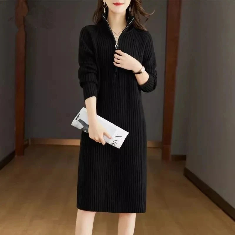 2024 Autumn/Winter New Large Knitted Dress Medium length Half Zipper Solid color Loose Casual Long Sleeve Dress Women's Trendy