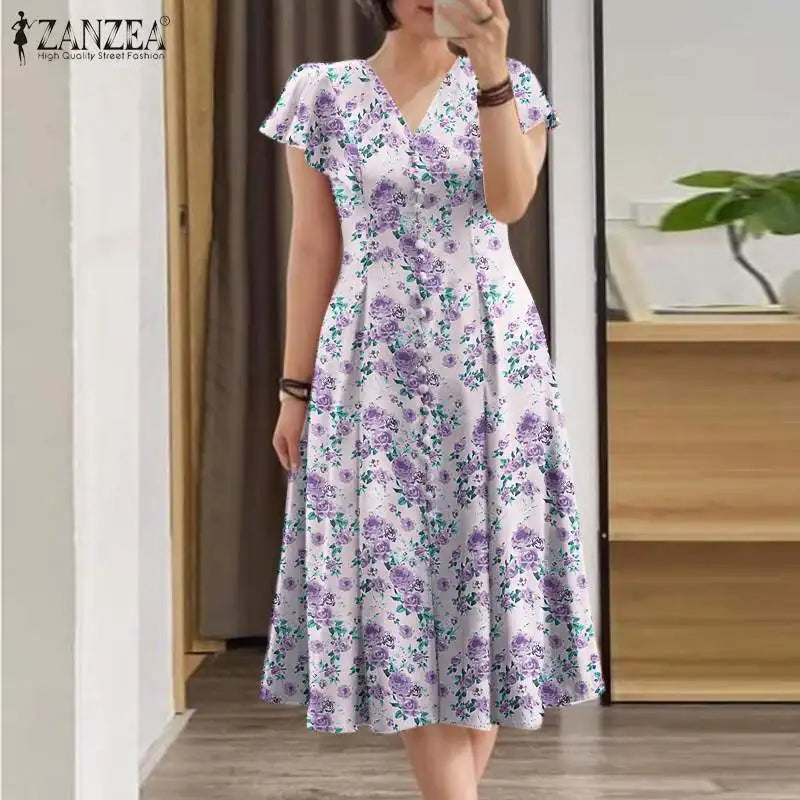 Elegant Floral Dress ZANZEA Women Summer Short Sleeve Party Sundress Robe Femme Causal Holiday Vestidos Bohemain Printed Dresses