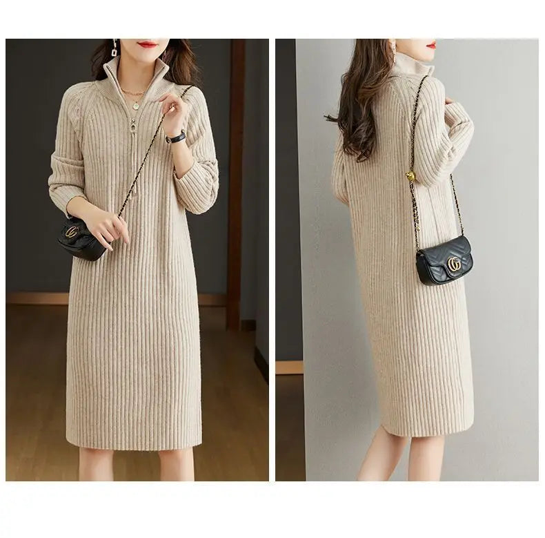 2024 Autumn/Winter New Large Knitted Dress Medium length Half Zipper Solid color Loose Casual Long Sleeve Dress Women's Trendy