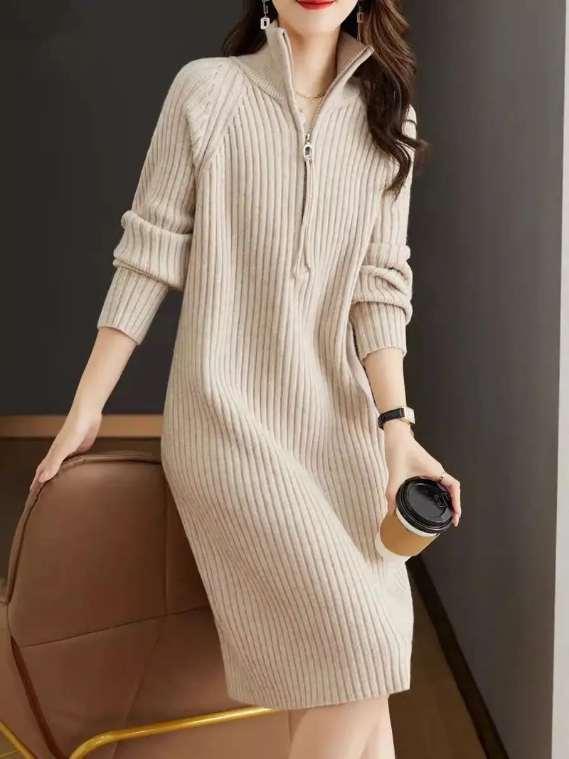 2024 Autumn/Winter New Large Knitted Dress Medium length Half Zipper Solid color Loose Casual Long Sleeve Dress Women's Trendy