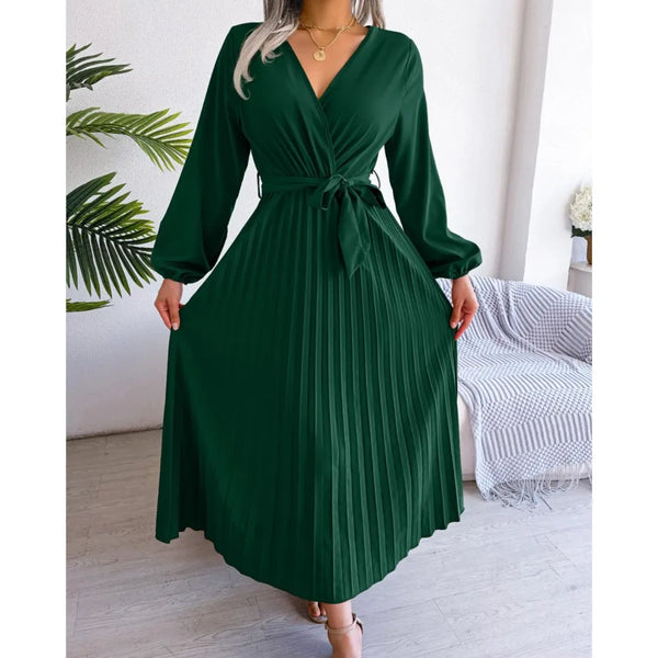 2024 Women's Autumn New Green Long-Sleeved Dress Solid Color Lace Up Cross V-neck Big Swing Pleated Long Dress Roupas Feminina