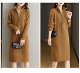 2024 Autumn/Winter New Large Knitted Dress Medium length Half Zipper Solid color Loose Casual Long Sleeve Dress Women's Trendy