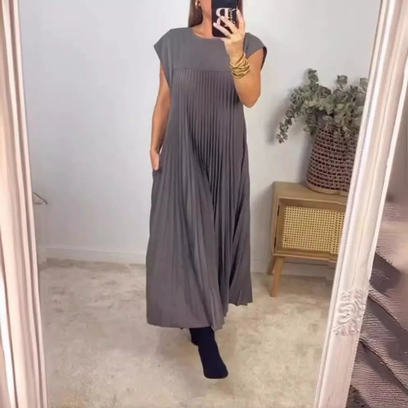 2024 Spring and Summer New European and American Fashion Round Neck Sleeveless pleated Dress Women's Long Dress