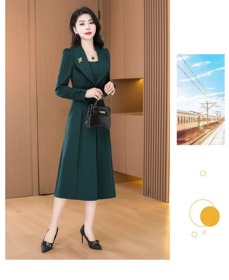 2024 New Temperament Ladies Solid Color Midi Dress Casual Women's Clothing Long Sleeve Pullovers Autumn Winter Fashion Dresses