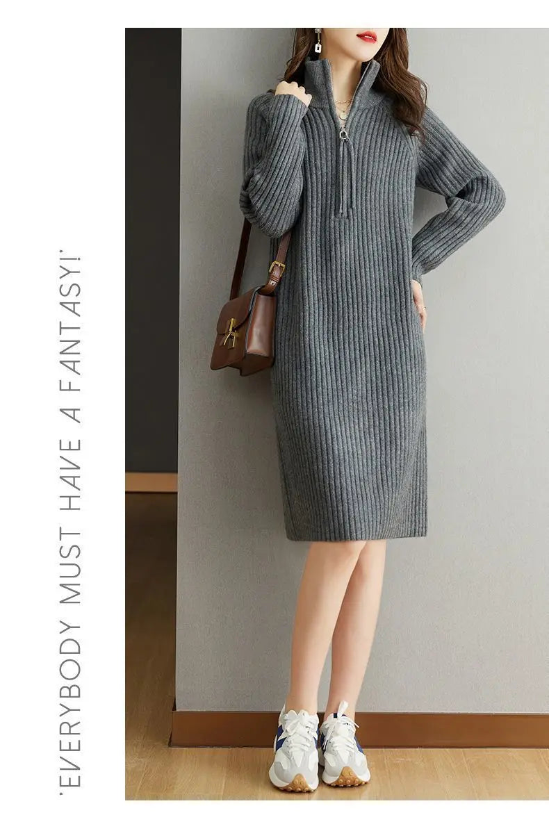 2024 Autumn/Winter New Large Knitted Dress Medium length Half Zipper Solid color Loose Casual Long Sleeve Dress Women's Trendy