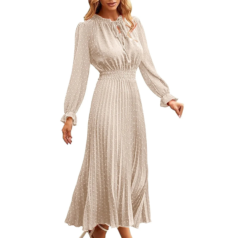 Women'S Dress 2023 New Autumn Winter Temperament Lace Up Solid Color High Waist Long Sleeve Pleated Party Prom Dress Vestidos