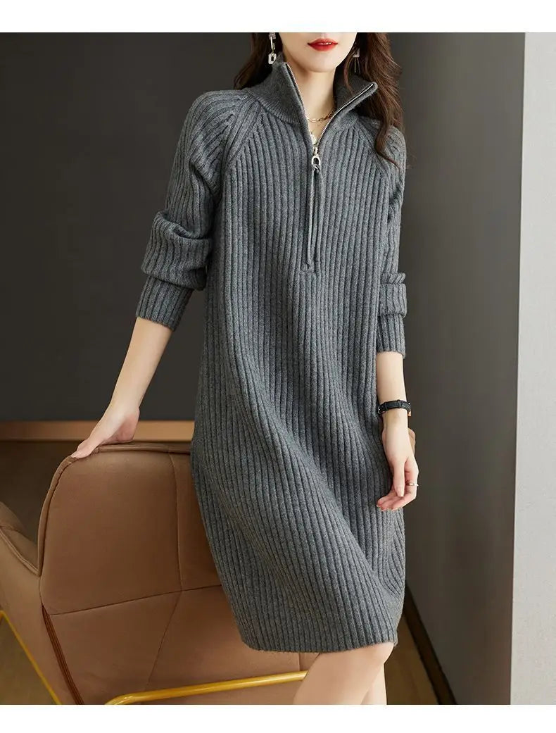 2024 Autumn/Winter New Large Knitted Dress Medium length Half Zipper Solid color Loose Casual Long Sleeve Dress Women's Trendy