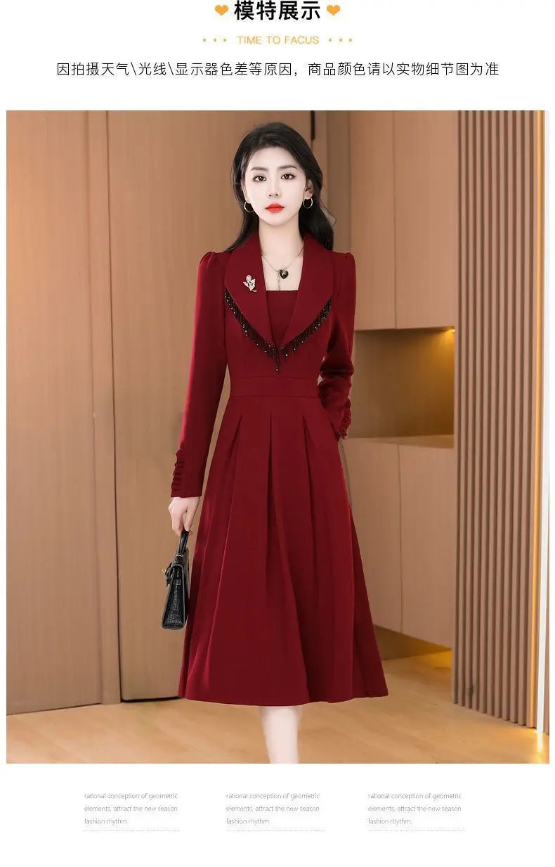 2024 New Temperament Ladies Solid Color Midi Dress Casual Women's Clothing Long Sleeve Pullovers Autumn Winter Fashion Dresses