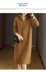 2024 Autumn/Winter New Large Knitted Dress Medium length Half Zipper Solid color Loose Casual Long Sleeve Dress Women's Trendy