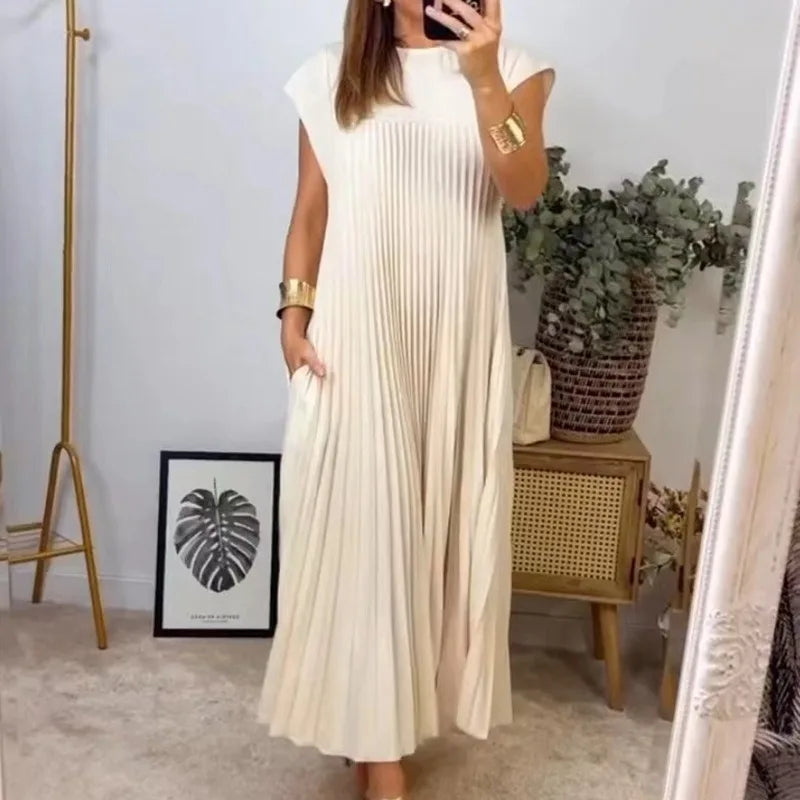 2024 Spring and Summer New European and American Fashion Round Neck Sleeveless pleated Dress Women's Long Dress