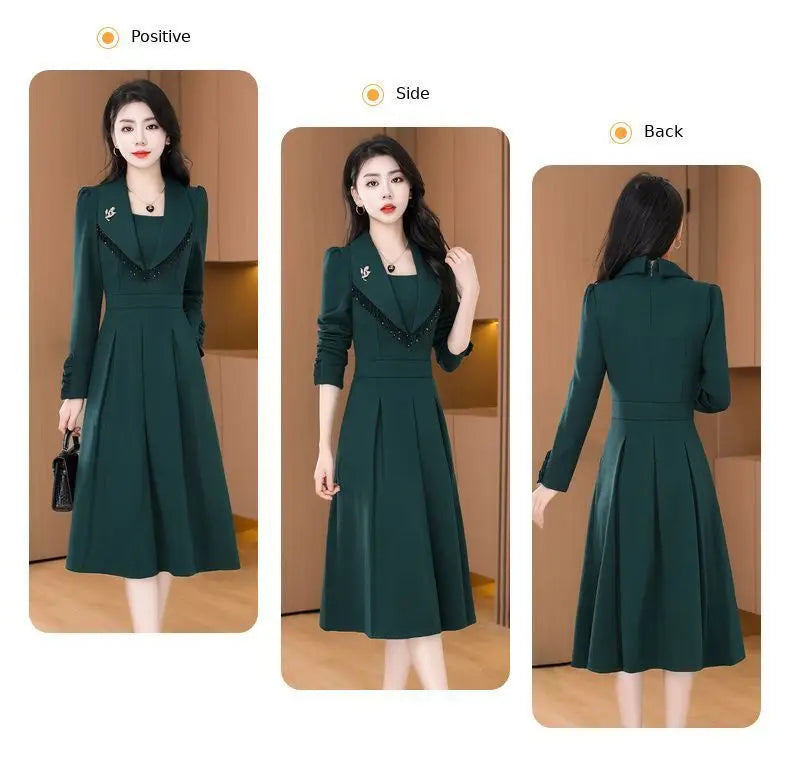 2024 New Temperament Ladies Solid Color Midi Dress Casual Women's Clothing Long Sleeve Pullovers Autumn Winter Fashion Dresses