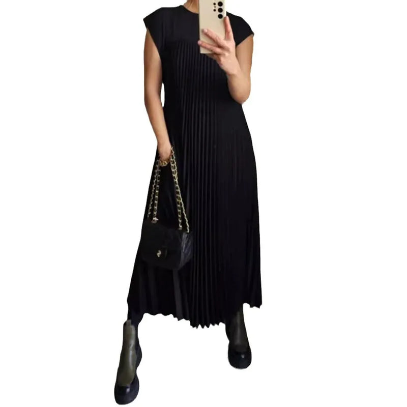 2024 Spring and Summer New European and American Fashion Round Neck Sleeveless pleated Dress Women's Long Dress