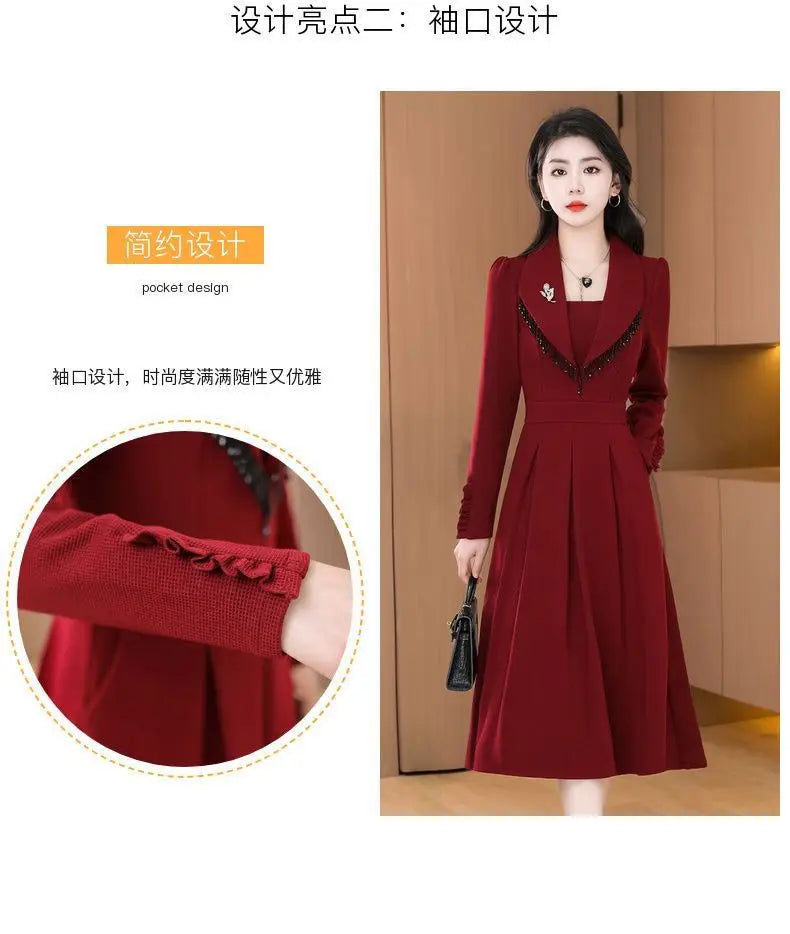 2024 New Temperament Ladies Solid Color Midi Dress Casual Women's Clothing Long Sleeve Pullovers Autumn Winter Fashion Dresses