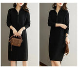 2024 Autumn/Winter New Large Knitted Dress Medium length Half Zipper Solid color Loose Casual Long Sleeve Dress Women's Trendy