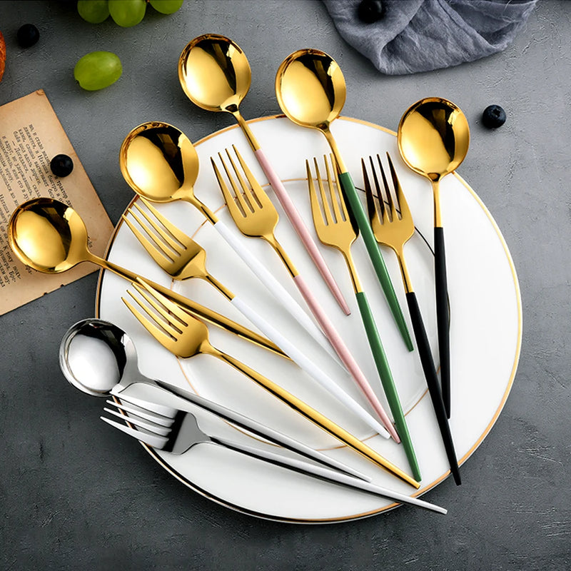 24pcs Gold Dinnerware Set Stainless Steel Tableware Set Knife Fork Spoon Flatware Set Cutlery Set Knife Fork Spoon Tea Spoon