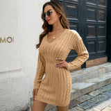 Women's Autumn Winter Knitted Sweater Dress Solid Color V-neck Long-sleeved Twist Waist Casual Hip-covering Sweater Dress