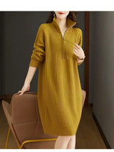 2024 Autumn/Winter New Large Knitted Dress Medium length Half Zipper Solid color Loose Casual Long Sleeve Dress Women's Trendy