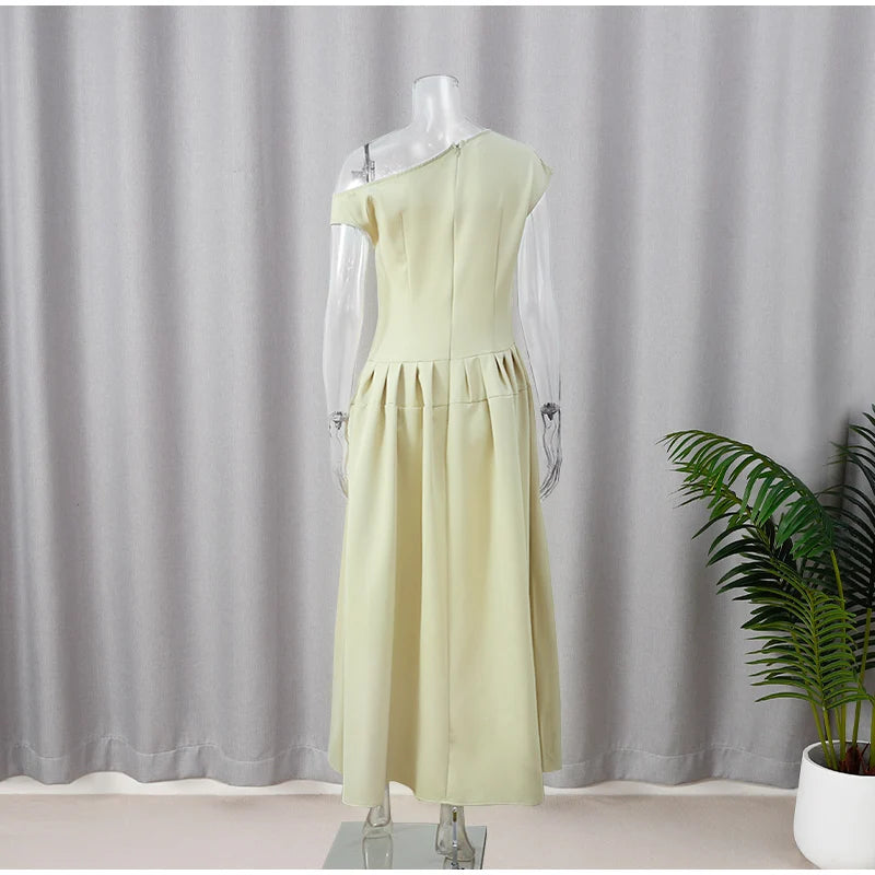 Women Elegant Green Pleated Dress Fashion O Neck Short Sleeve Patchwork Long Dresses 2024 New Casual Office Lady Streetwear