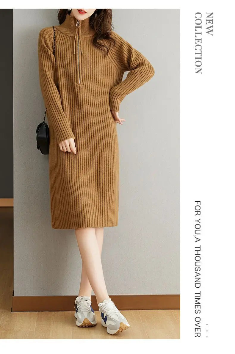 2024 Autumn/Winter New Large Knitted Dress Medium length Half Zipper Solid color Loose Casual Long Sleeve Dress Women's Trendy