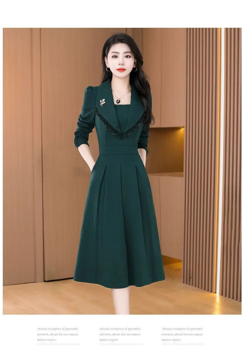 2024 New Temperament Ladies Solid Color Midi Dress Casual Women's Clothing Long Sleeve Pullovers Autumn Winter Fashion Dresses