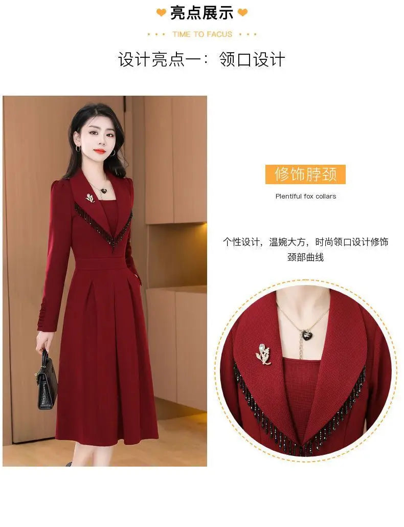 2024 New Temperament Ladies Solid Color Midi Dress Casual Women's Clothing Long Sleeve Pullovers Autumn Winter Fashion Dresses