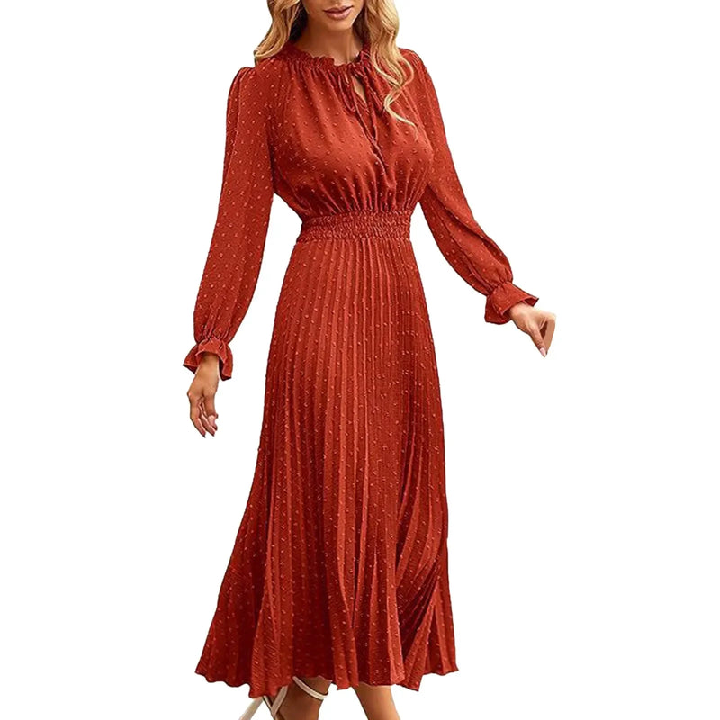 Women'S Dress 2023 New Autumn Winter Temperament Lace Up Solid Color High Waist Long Sleeve Pleated Party Prom Dress Vestidos