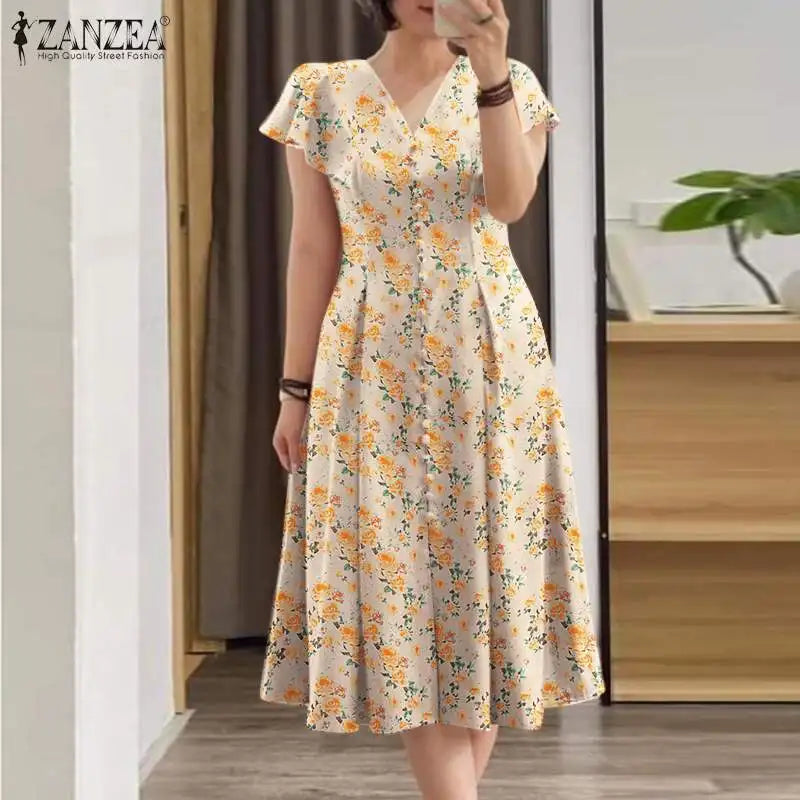 Elegant Floral Dress ZANZEA Women Summer Short Sleeve Party Sundress Robe Femme Causal Holiday Vestidos Bohemain Printed Dresses