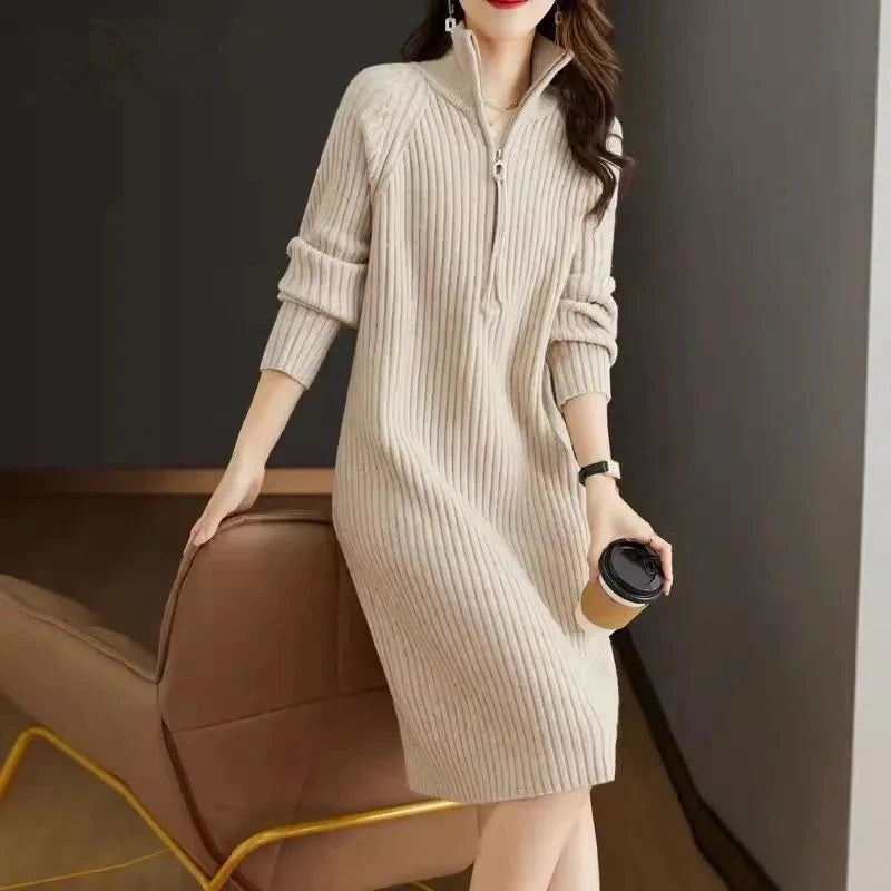 2024 Autumn/Winter New Large Knitted Dress Medium length Half Zipper Solid color Loose Casual Long Sleeve Dress Women's Trendy