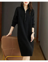 2024 Autumn/Winter New Large Knitted Dress Medium length Half Zipper Solid color Loose Casual Long Sleeve Dress Women's Trendy