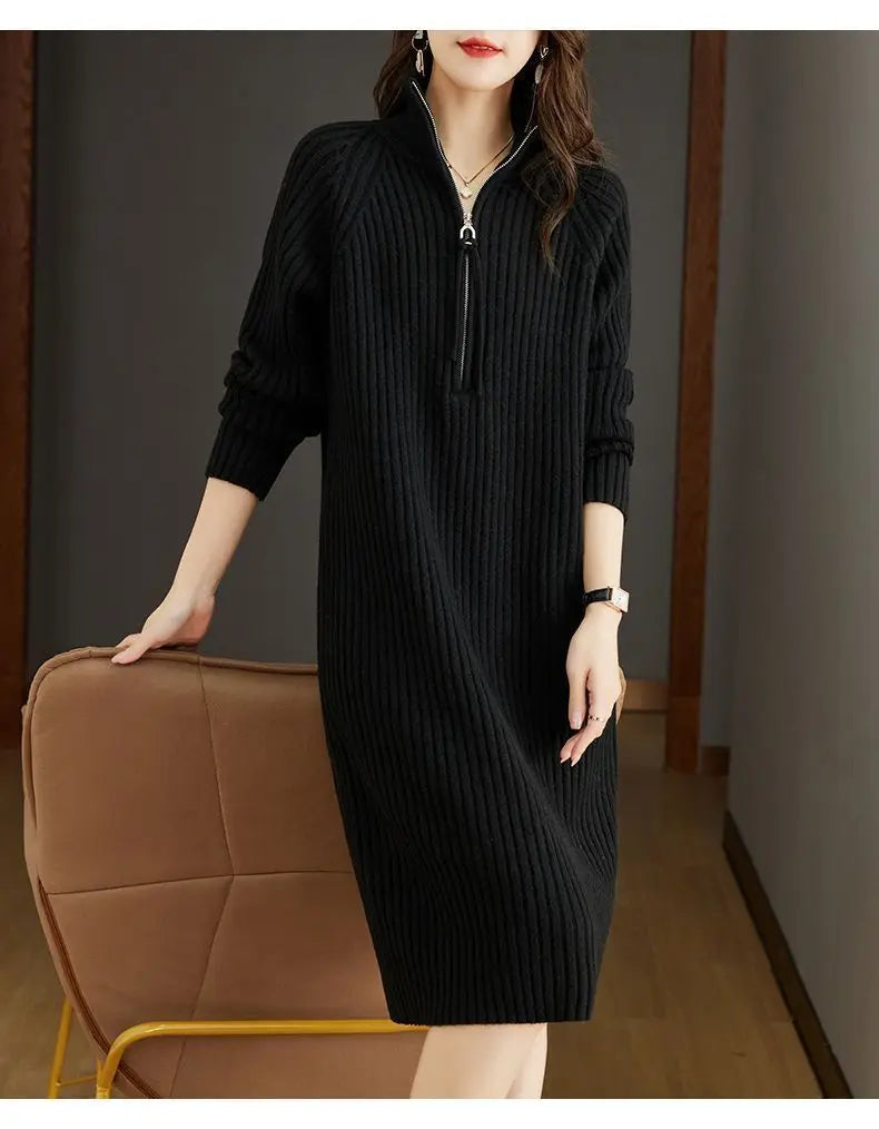 2024 Autumn/Winter New Large Knitted Dress Medium length Half Zipper Solid color Loose Casual Long Sleeve Dress Women's Trendy