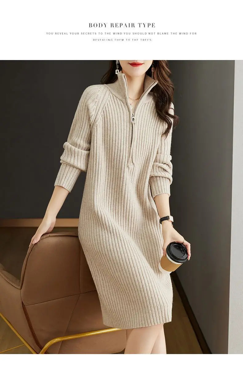 2024 Autumn/Winter New Large Knitted Dress Medium length Half Zipper Solid color Loose Casual Long Sleeve Dress Women's Trendy