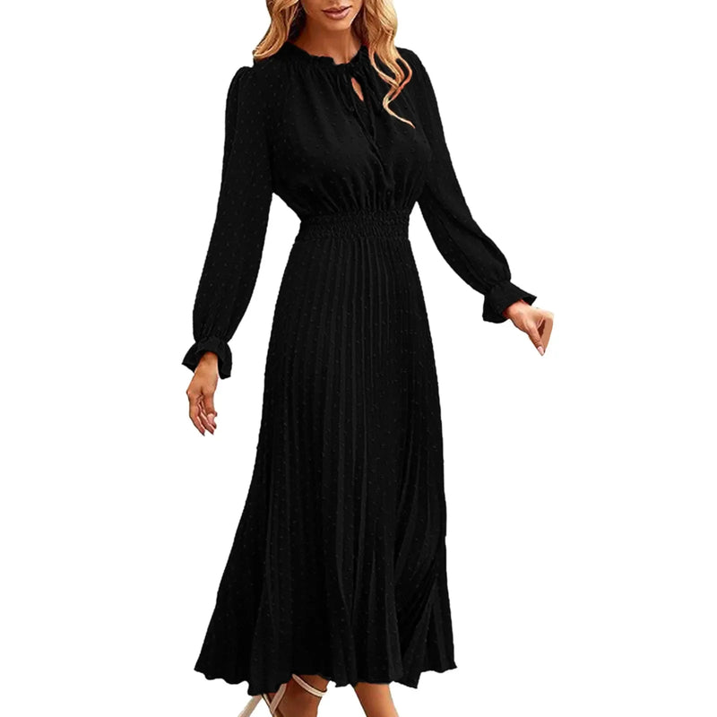 Women'S Dress 2023 New Autumn Winter Temperament Lace Up Solid Color High Waist Long Sleeve Pleated Party Prom Dress Vestidos