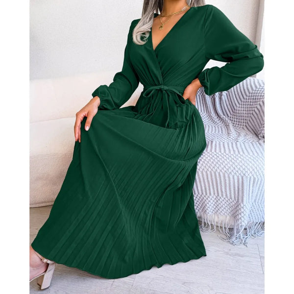 2024 Women's Autumn New Green Long-Sleeved Dress Solid Color Lace Up Cross V-neck Big Swing Pleated Long Dress Roupas Feminina