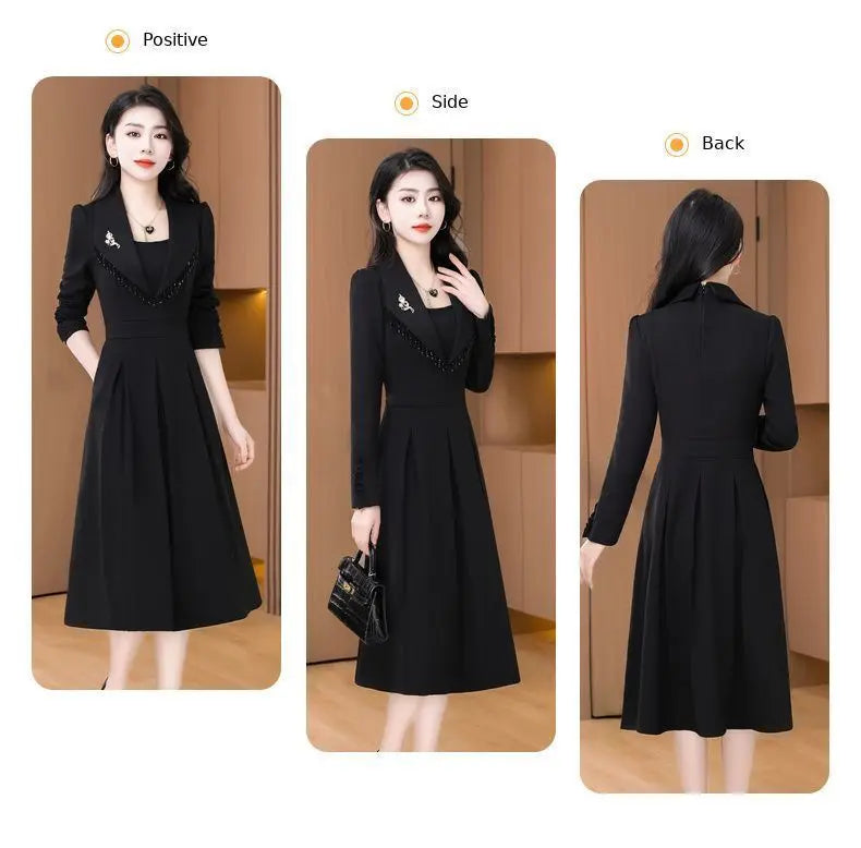 2024 New Temperament Ladies Solid Color Midi Dress Casual Women's Clothing Long Sleeve Pullovers Autumn Winter Fashion Dresses