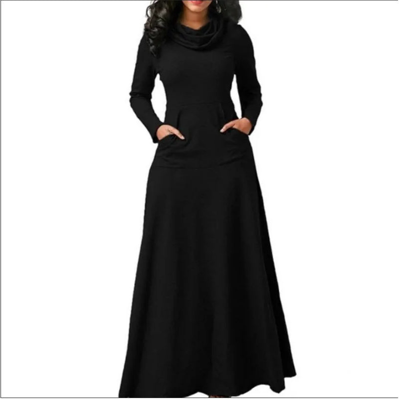 Autumn Winter Solid Color Splicing Pocket Neck Large Pendant Long Dress 2024 Casual Women's High Waist Long Sleeve Maxi Dresses