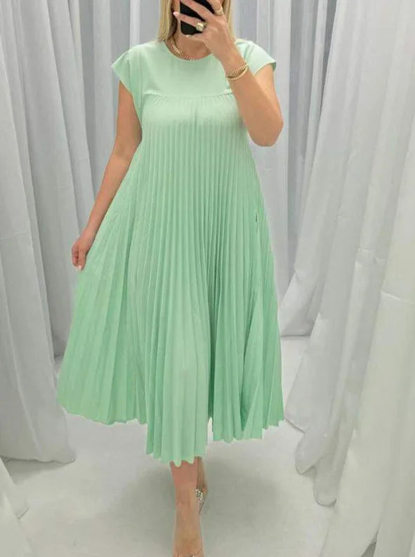 2024 Spring and Summer New European and American Fashion Round Neck Sleeveless pleated Dress Women's Long Dress