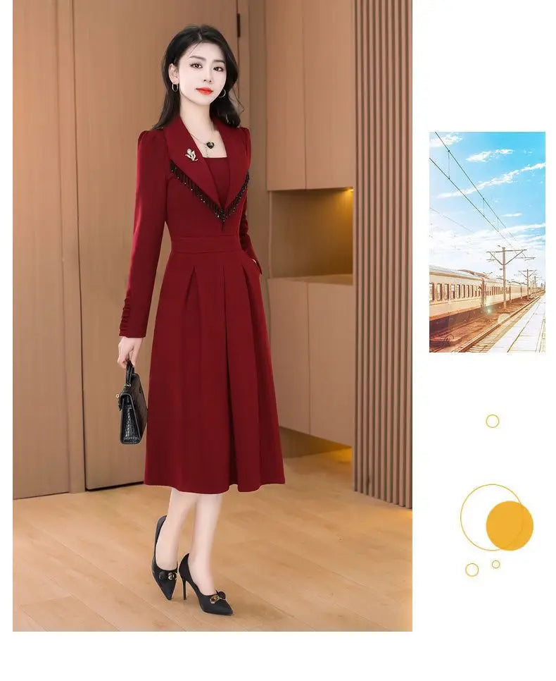 2024 New Temperament Ladies Solid Color Midi Dress Casual Women's Clothing Long Sleeve Pullovers Autumn Winter Fashion Dresses