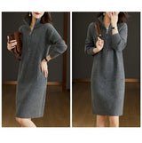 2024 Autumn/Winter New Large Knitted Dress Medium length Half Zipper Solid color Loose Casual Long Sleeve Dress Women's Trendy