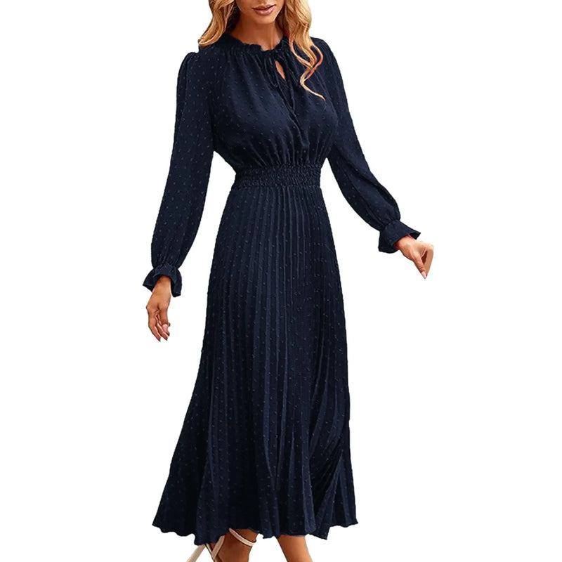 Women'S Dress 2023 New Autumn Winter Temperament Lace Up Solid Color High Waist Long Sleeve Pleated Party Prom Dress Vestidos