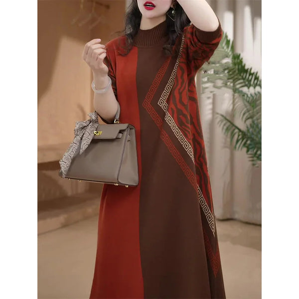 Women Fashion Striped Commute Loose Long Dress 2024 Autumn Winter Temperament Soft Wool Half High Collar Pullover Knit Dress