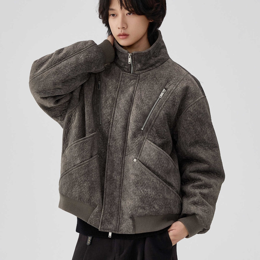 Mens Thick Solid-Color Wool Jacket Short Padded Coat